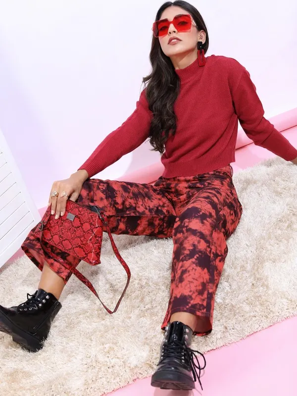 Tokyo Talkies Women Red High Neck Sweaters