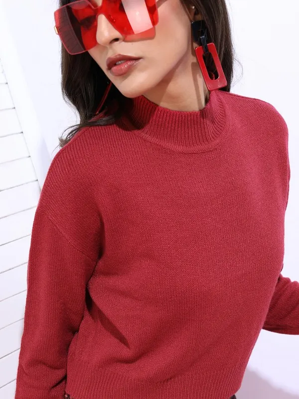 Tokyo Talkies Women Red High Neck Sweaters