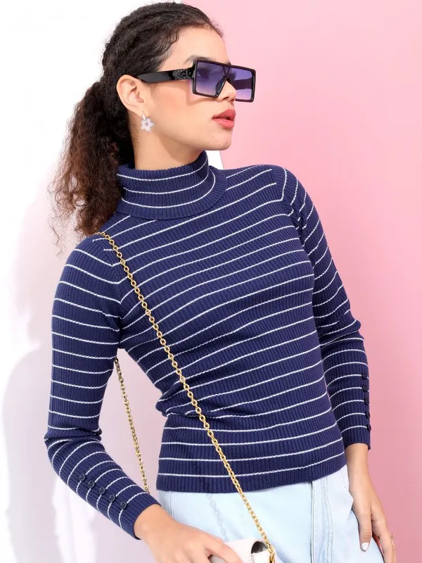  Tokyo Talkies Women Navy Blue Turtle Neck Sweaters