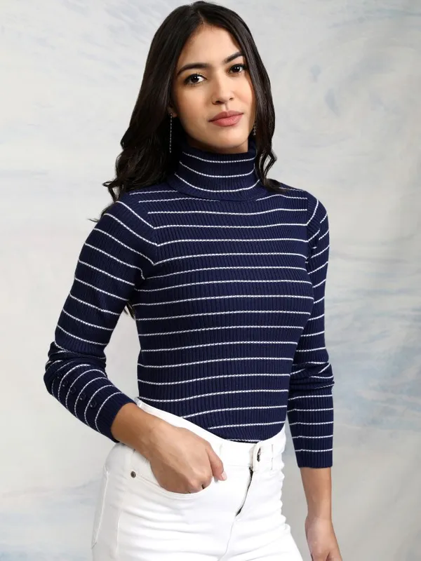  Tokyo Talkies Women Navy Blue Turtle Neck Sweaters