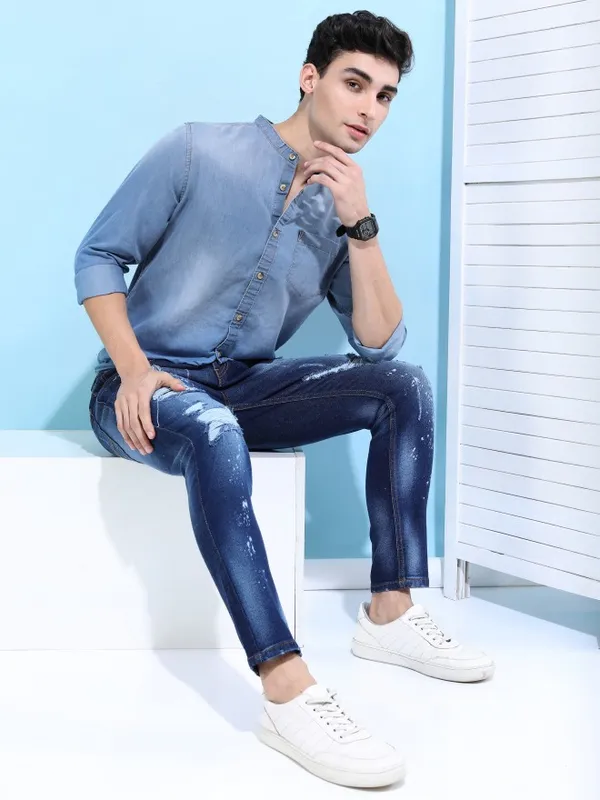  Highlander Men Blue Faded Slim Fit Casual Shirts