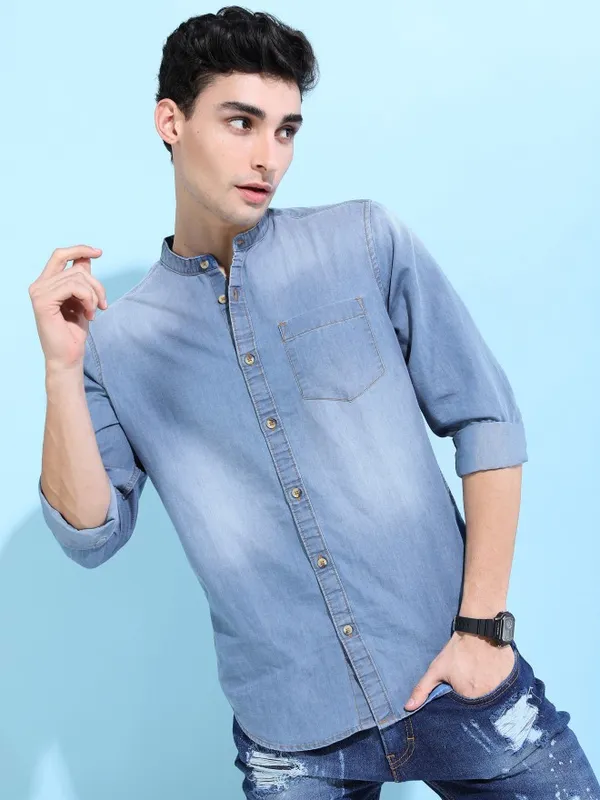  Highlander Men Blue Faded Slim Fit Casual Shirts