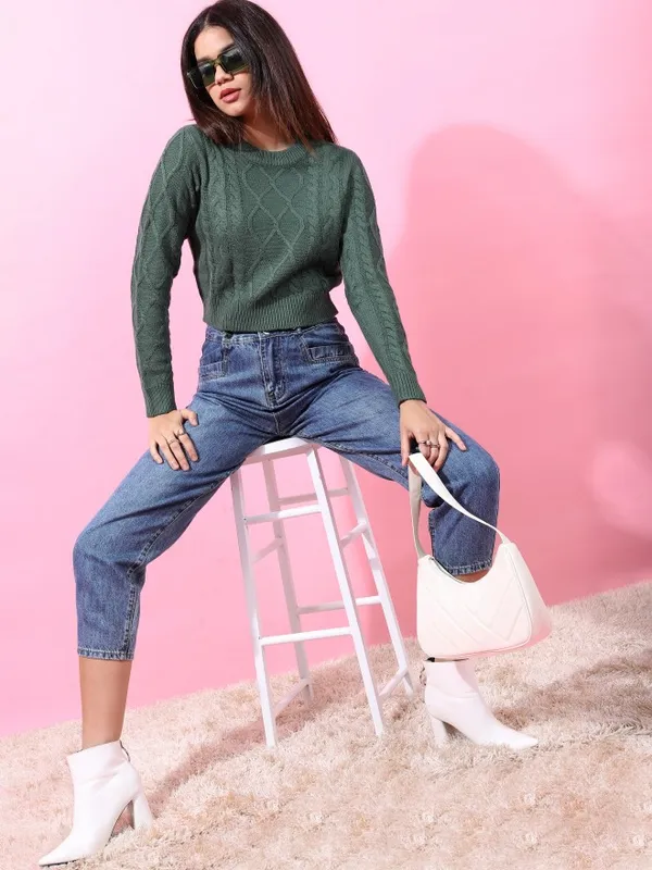  Tokyo Talkies Women Green Round Neck Sweaters