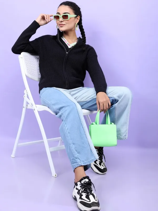  Tokyo Talkies Women Black Mock Collar Sweaters