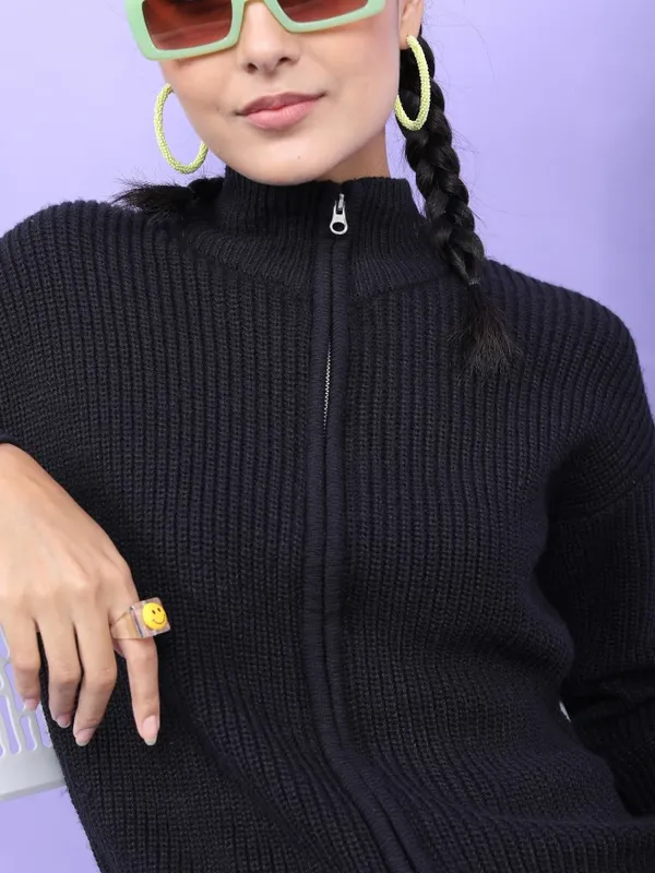  Tokyo Talkies Women Black Mock Collar Sweaters