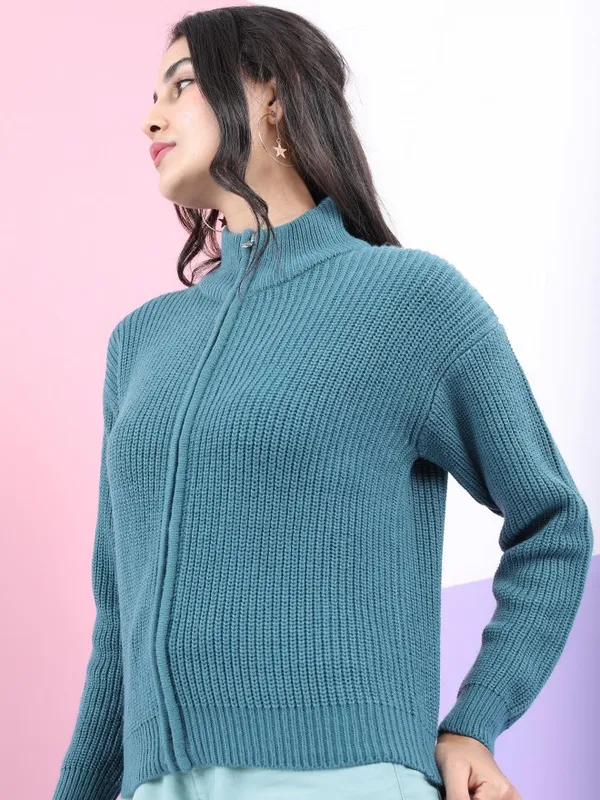  Tokyo Talkies Women Teal Round Neck Sweaters