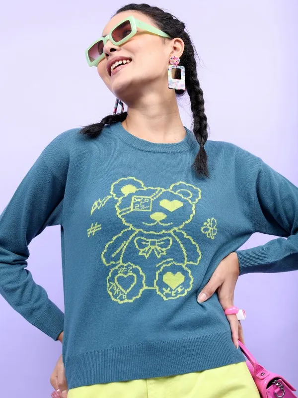  Tokyo Talkies Women Teal Round Neck Sweaters