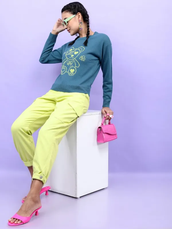  Tokyo Talkies Women Teal Round Neck Sweaters