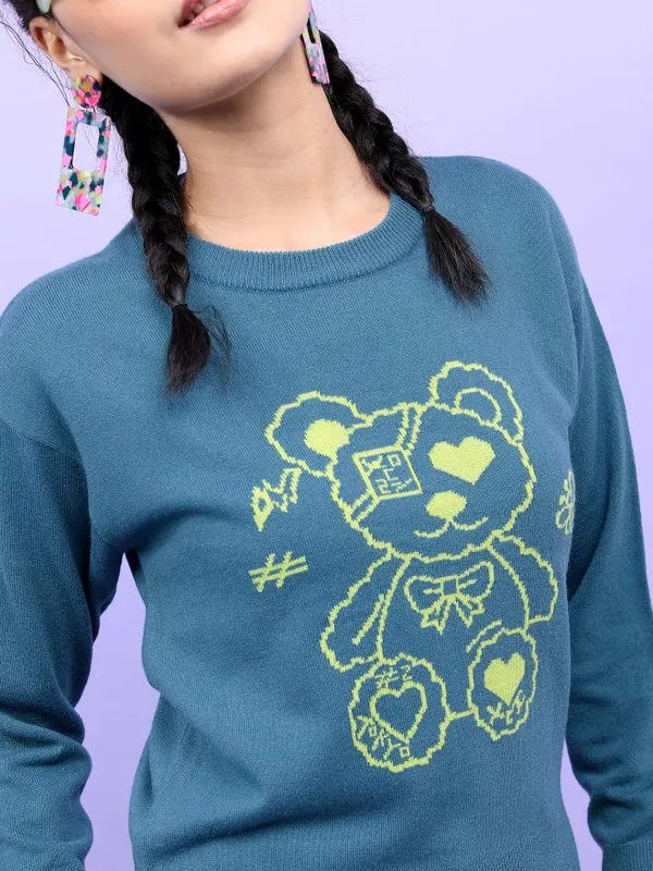  Tokyo Talkies Women Teal Round Neck Sweaters