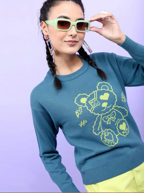  Tokyo Talkies Women Teal Round Neck Sweaters