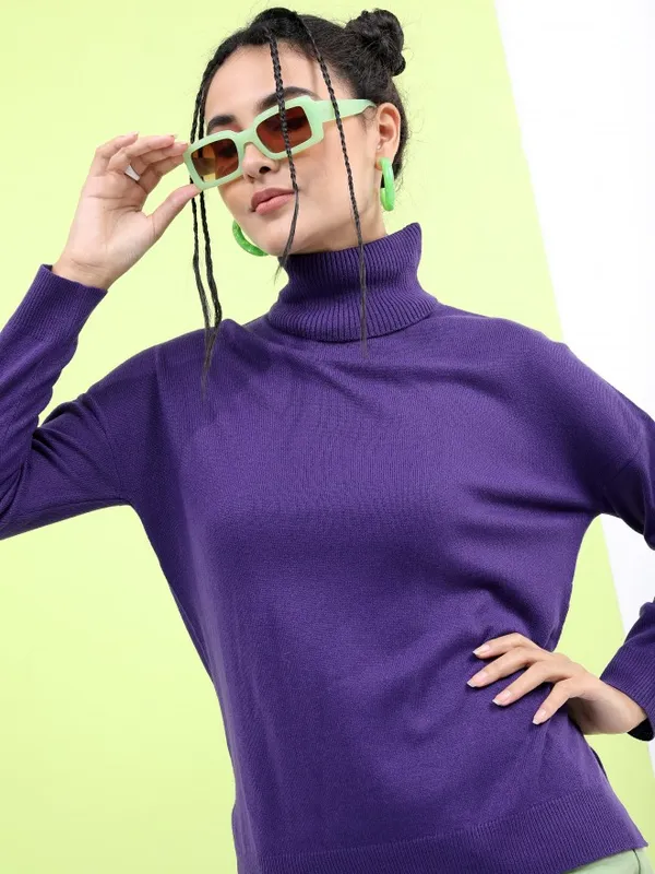  Tokyo Talkies Women Purple Turtle Neck Sweaters