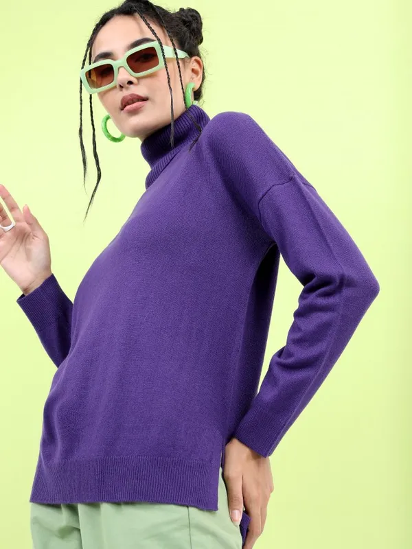  Tokyo Talkies Women Purple Turtle Neck Sweaters