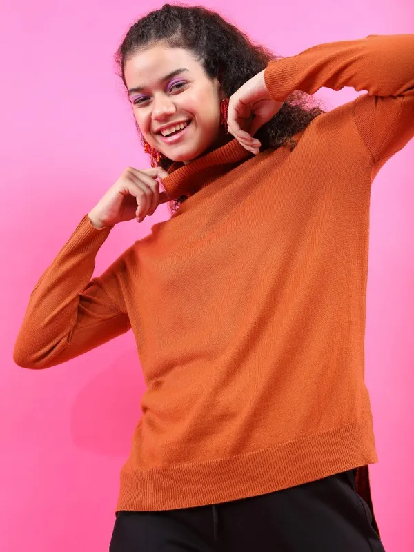 Tokyo Talkies Women Rust Turtle Neck Sweaters