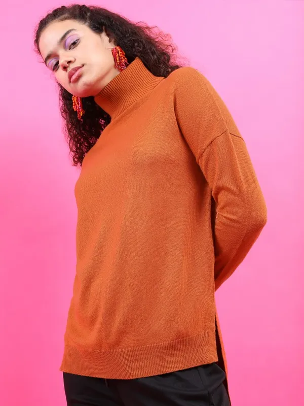 Tokyo Talkies Women Rust Turtle Neck Sweaters