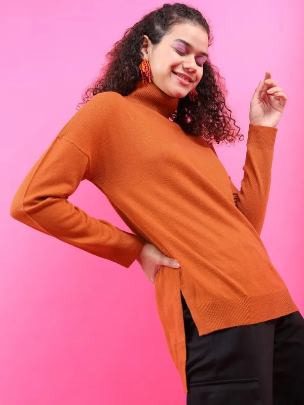 Tokyo Talkies Women Rust Turtle Neck Sweaters