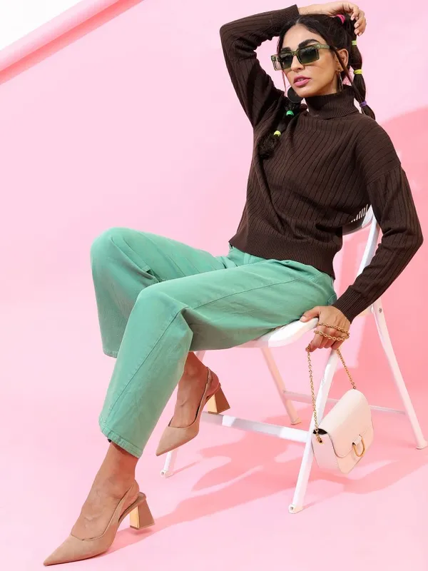 Tokyo Talkies Women Brown Turtle Neck Sweaters