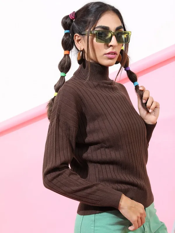 Tokyo Talkies Women Brown Turtle Neck Sweaters