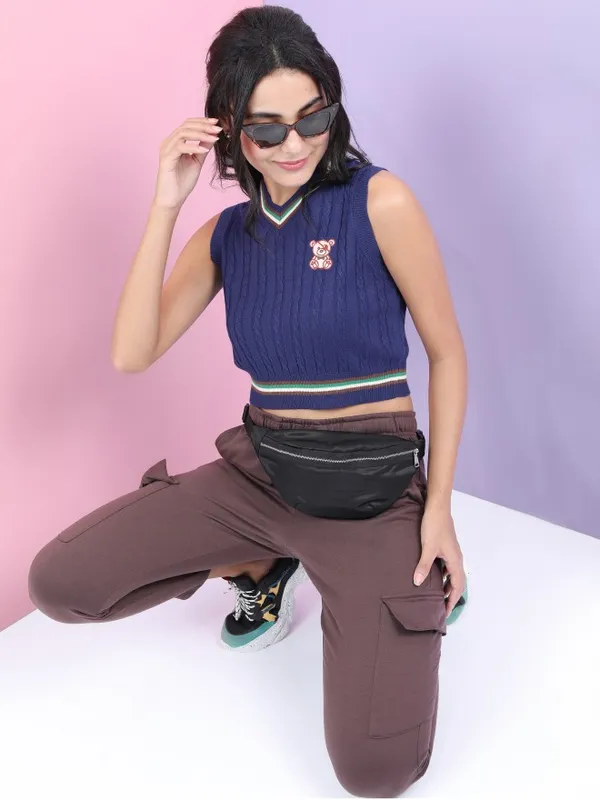  Tokyo Talkies Women Navy Blue V-Neck Sweaters