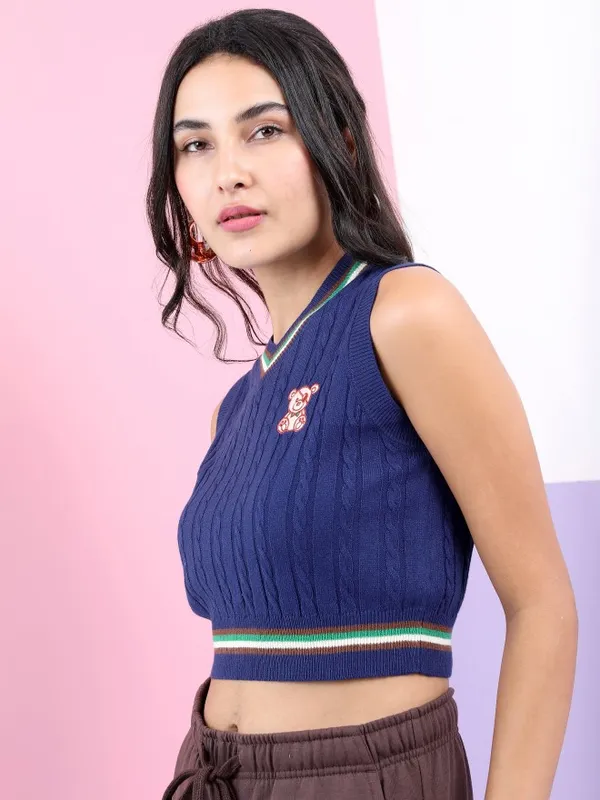  Tokyo Talkies Women Navy Blue V-Neck Sweaters
