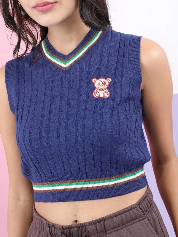  Tokyo Talkies Women Navy Blue V-Neck Sweaters
