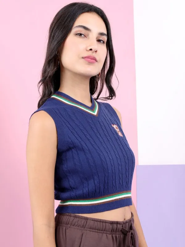  Tokyo Talkies Women Navy Blue V-Neck Sweaters