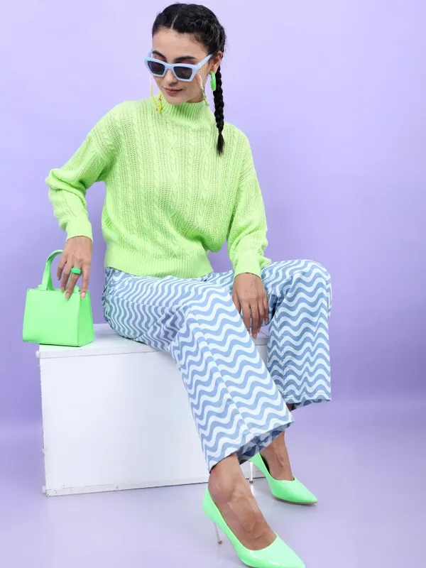 Tokyo Talkies Women Green High Neck Sweaters