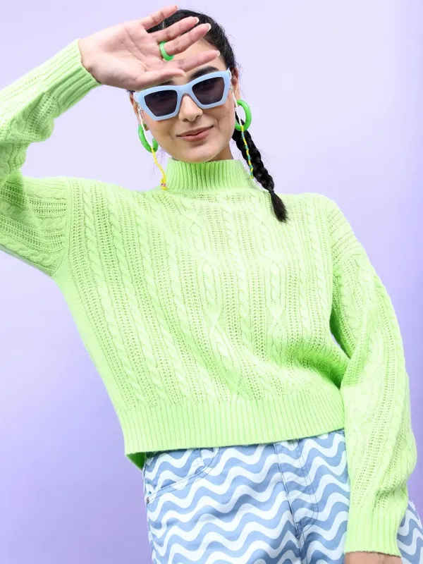 Tokyo Talkies Women Green High Neck Sweaters