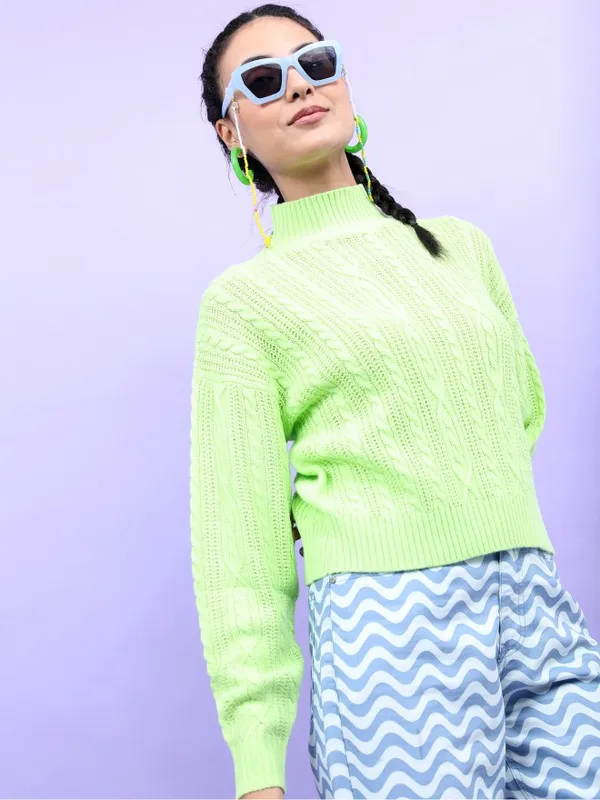 Tokyo Talkies Women Green High Neck Sweaters
