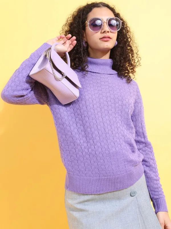 Tokyo Talkies Women Purple Turtle Neck Sweaters