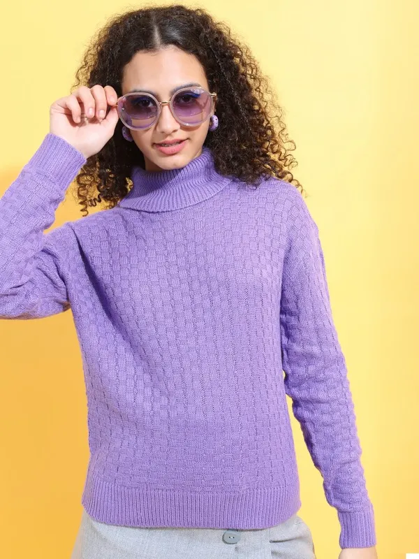 Tokyo Talkies Women Purple Turtle Neck Sweaters