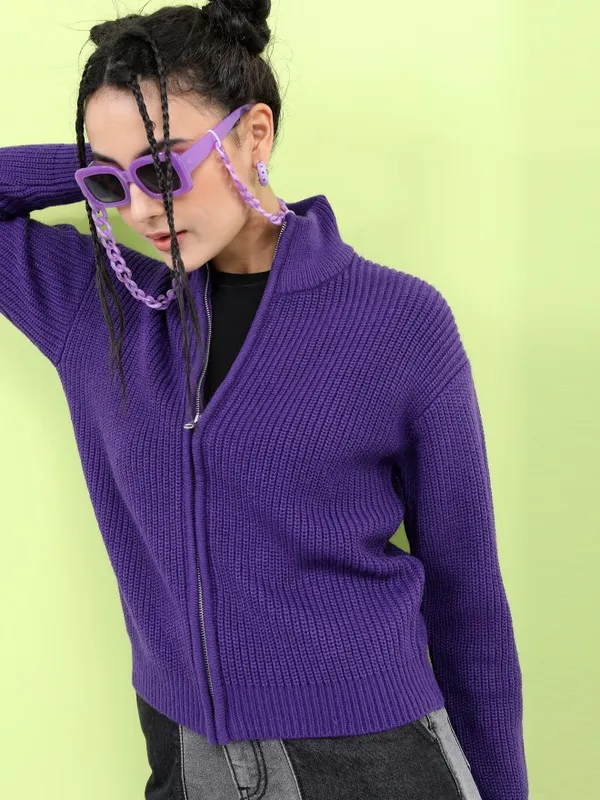 Tokyo Talkies Women Purple High Neck Sweaters