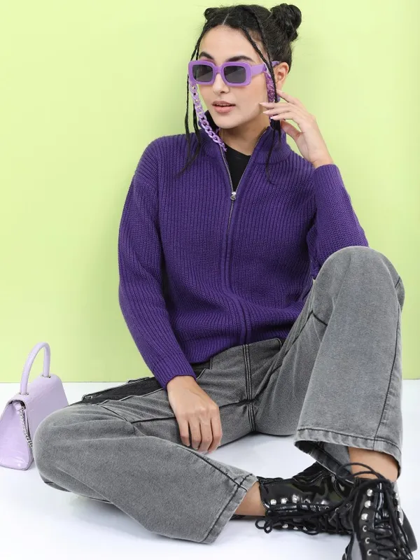 Tokyo Talkies Women Purple High Neck Sweaters