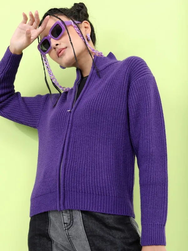 Tokyo Talkies Women Purple High Neck Sweaters