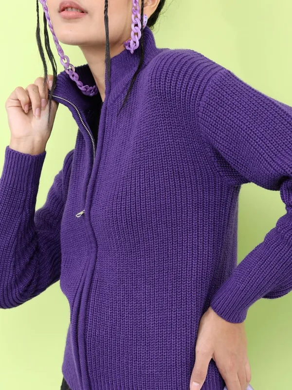 Tokyo Talkies Women Purple High Neck Sweaters