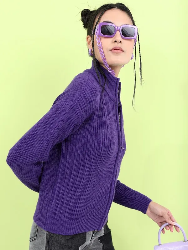 Tokyo Talkies Women Purple High Neck Sweaters
