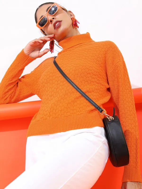 Tokyo Talkies Women Orange Turtle Neck Sweaters