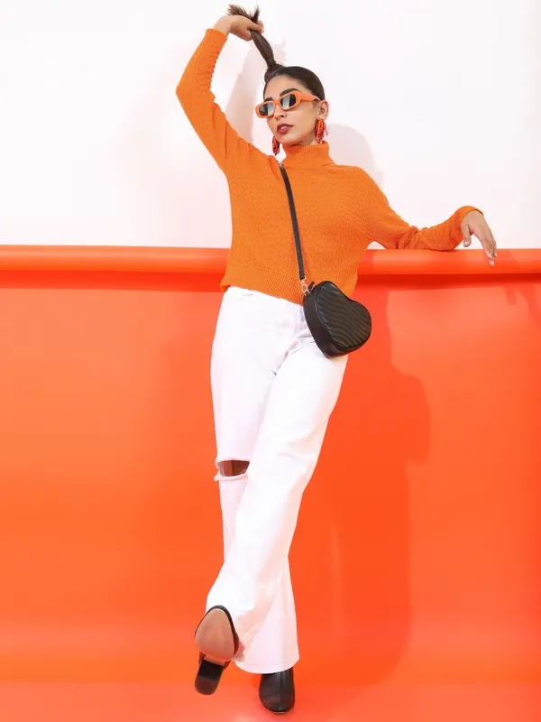 Tokyo Talkies Women Orange Turtle Neck Sweaters