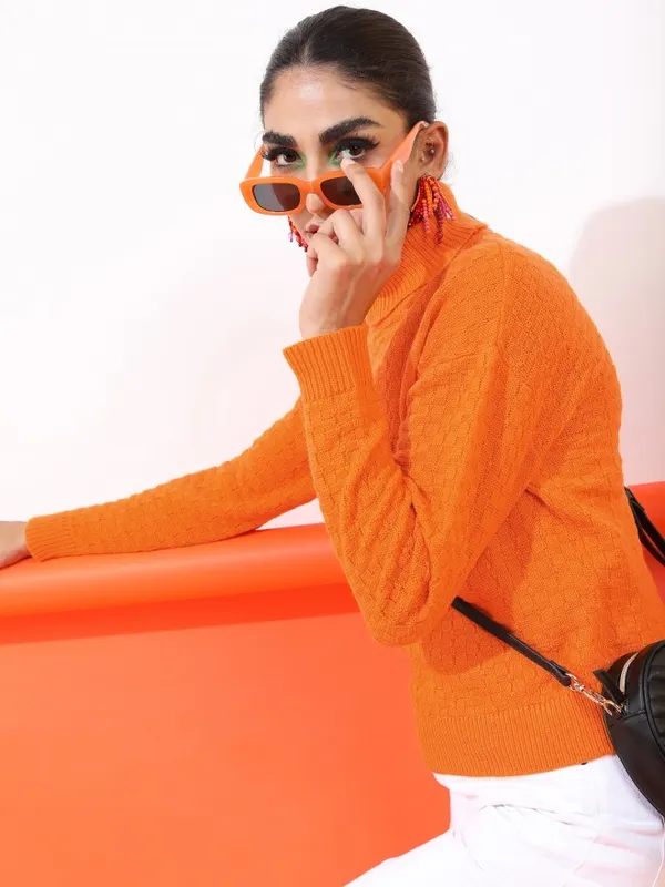 Tokyo Talkies Women Orange Turtle Neck Sweaters