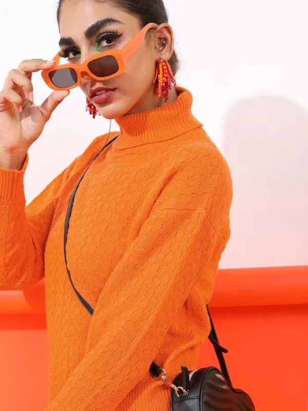 Tokyo Talkies Women Orange Turtle Neck Sweaters