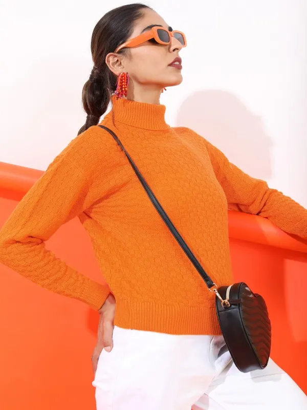 Tokyo Talkies Women Orange Turtle Neck Sweaters