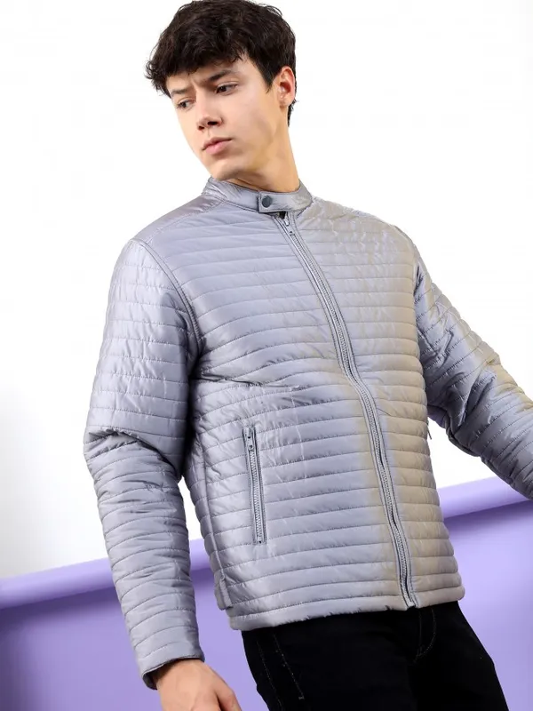  Highlander Men Grey Solid Puffer Jacket Jackets