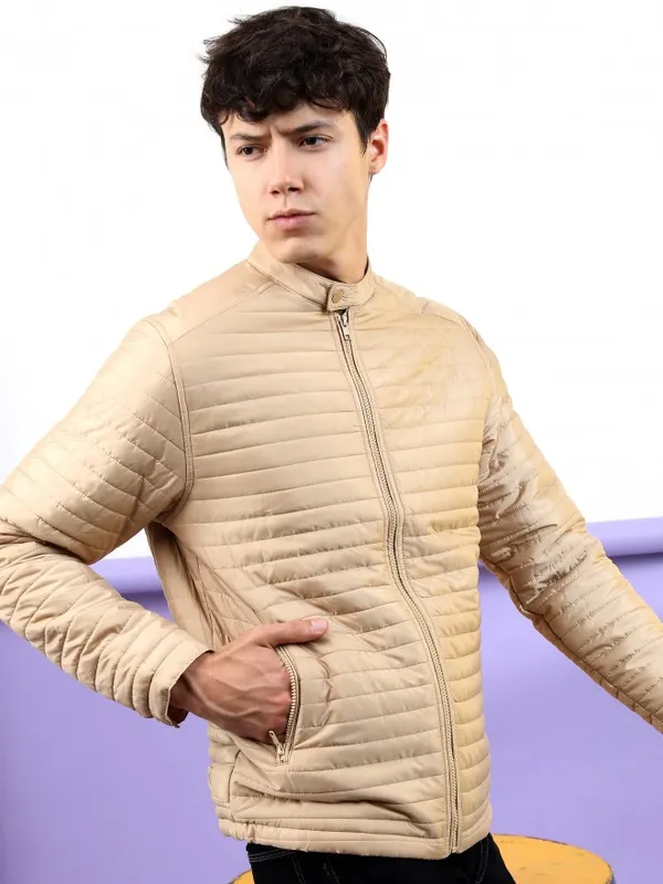  Highlander Men Beige Solid Puffer Jacket Jackets