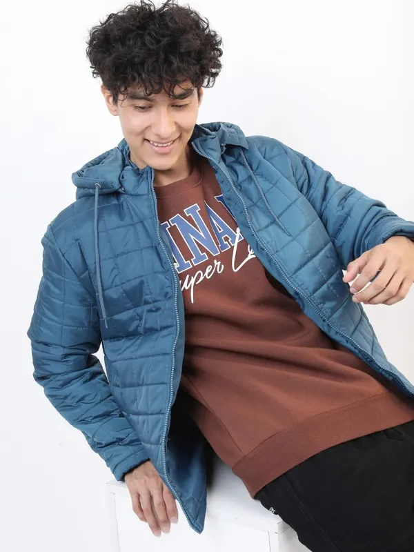  Highlander Men Teal Solid Puffer Jacket Jackets