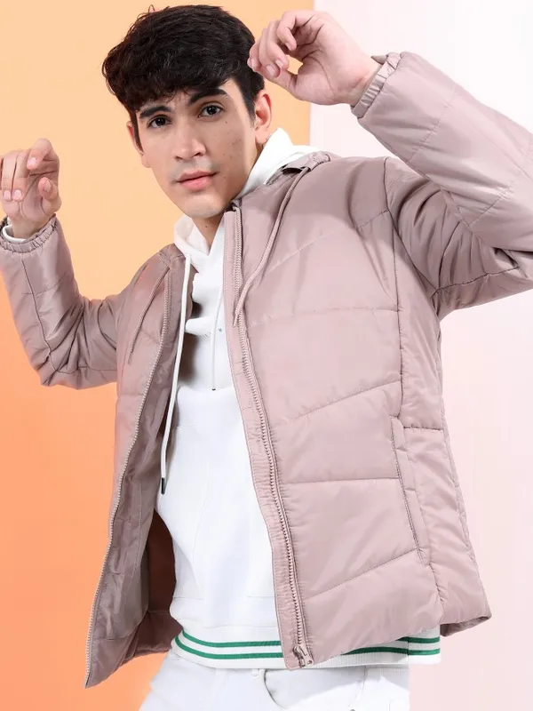  Highlander Men Beige Solid Puffer Jacket Jackets