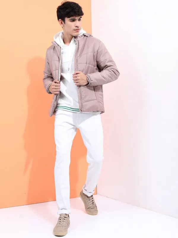  Highlander Men Beige Solid Puffer Jacket Jackets