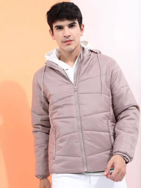  Highlander Men Beige Solid Puffer Jacket Jackets