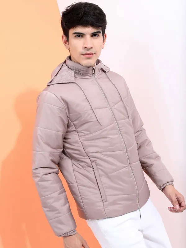  Highlander Men Beige Solid Puffer Jacket Jackets