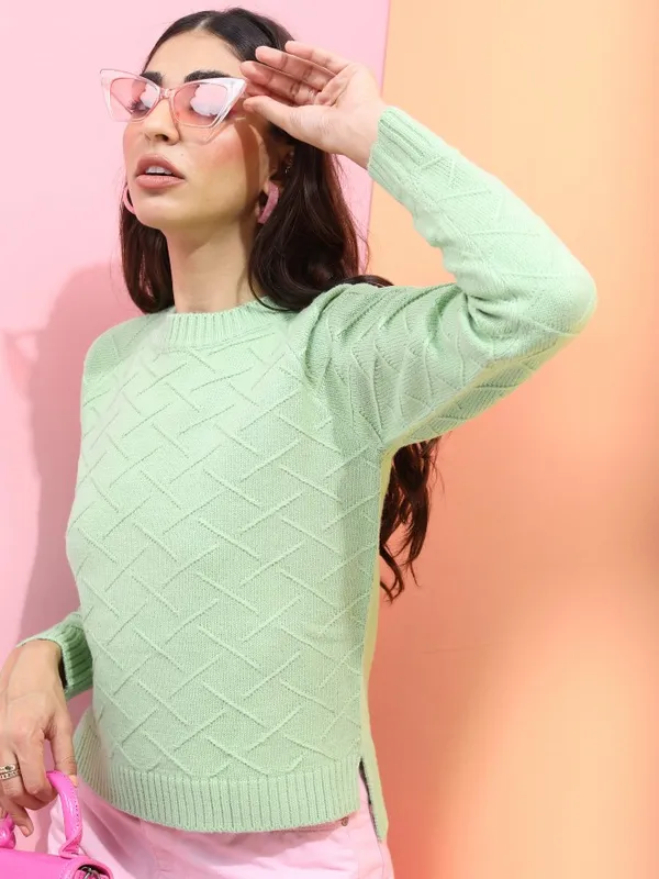 Tokyo Talkies Women Green Round Neck Sweaters