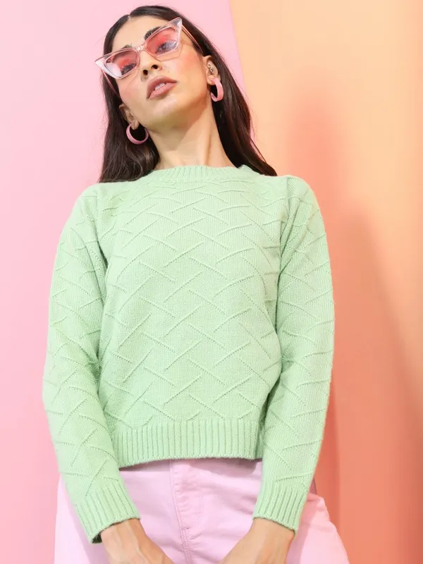 Tokyo Talkies Women Green Round Neck Sweaters