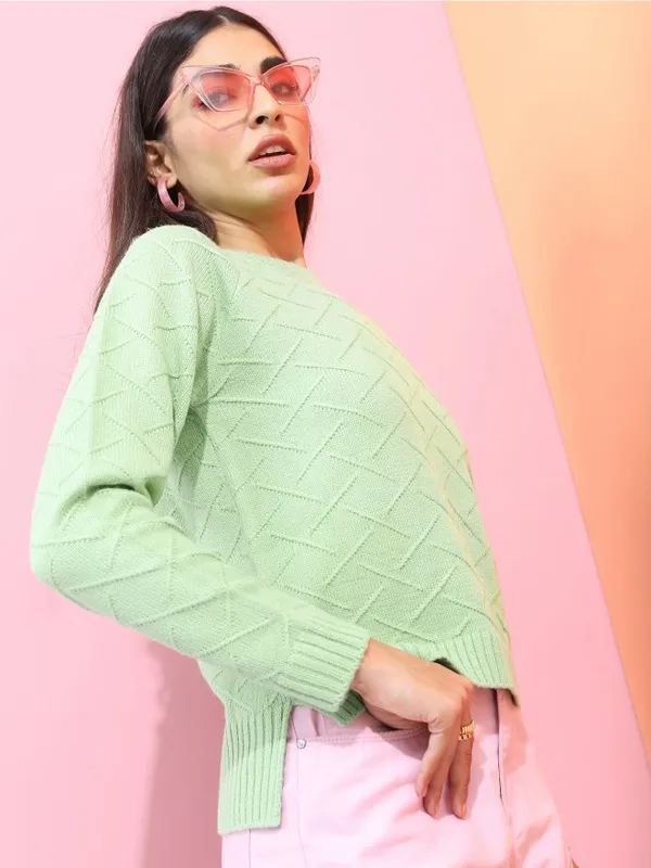 Tokyo Talkies Women Green Round Neck Sweaters